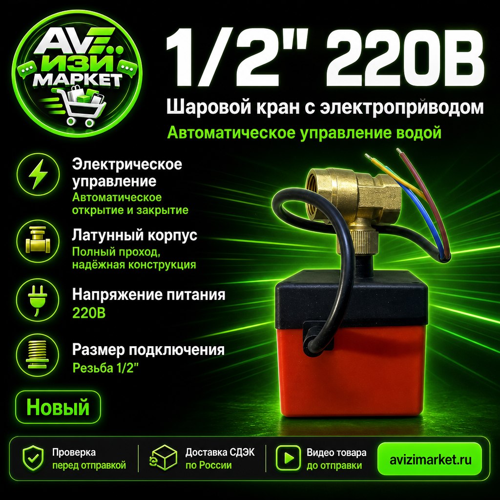 🚰 Шаровой кран с электроприводом — 220В, 1/2"